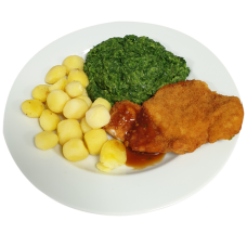 Kipschnitzel Kippenjus Spinazie a la crème Krielaardappelen gekookt(natrium/zoutarm)
